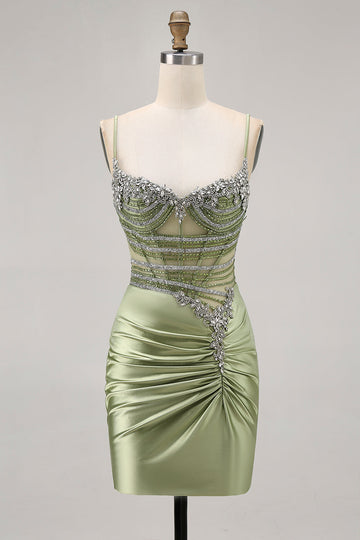 Sage Green Beaded Corset Ruched Tight Homecoming Dress with Rhinestones